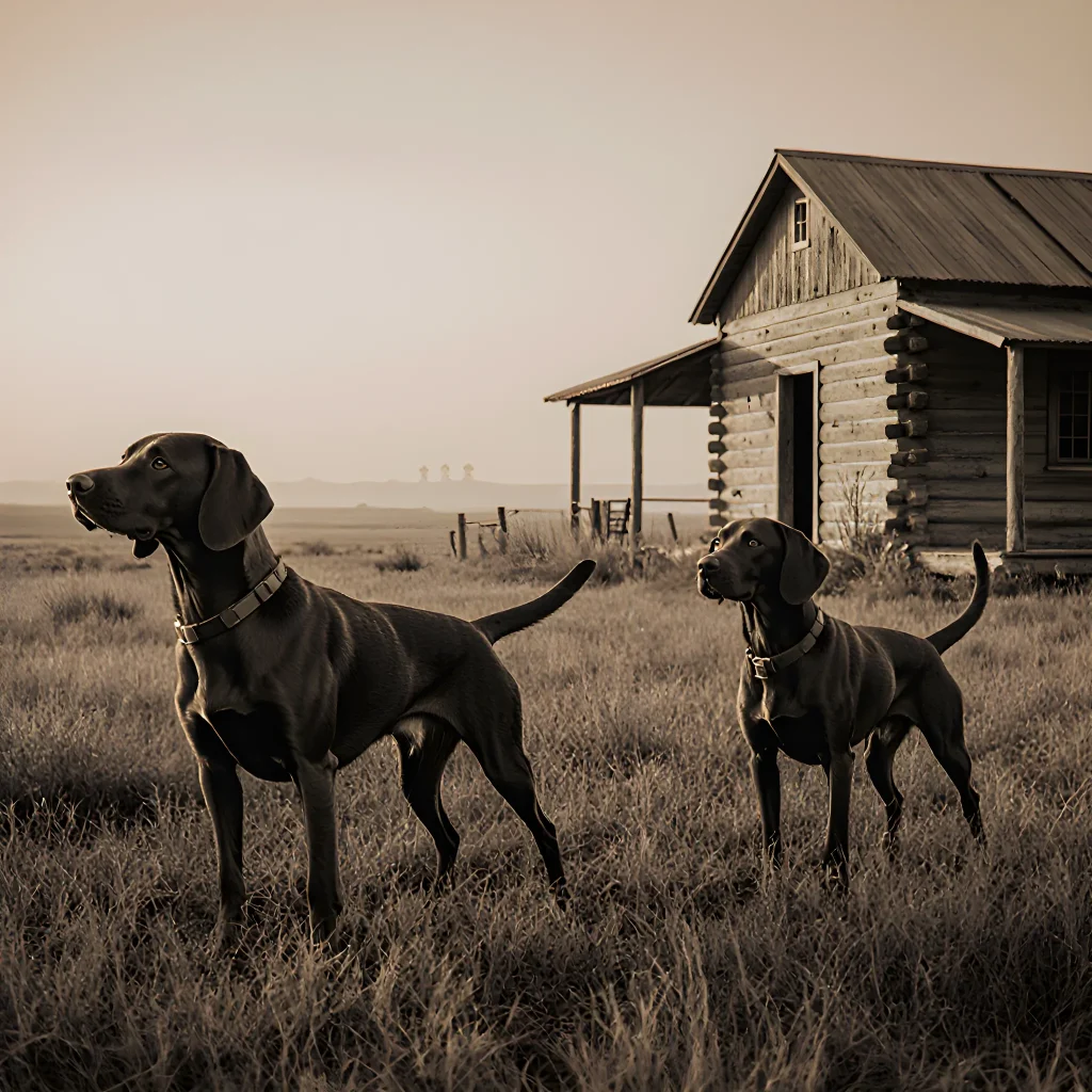 Illustration of a 19th-century homestead with a family dog beside the house, symbolizing the bond that helped grow a new town