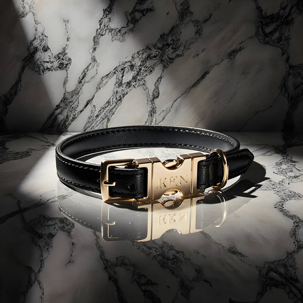 A stylish dog wearing a high‑end leather collar with gold accents on a pristine white background