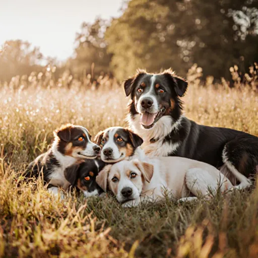 A happy family with their well-trained dogs playing together in a sunny backyard
