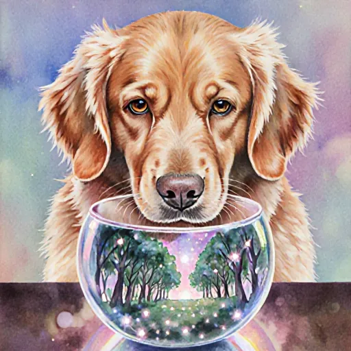 A curious dog staring at its reflection in a mirror while a human observer watches