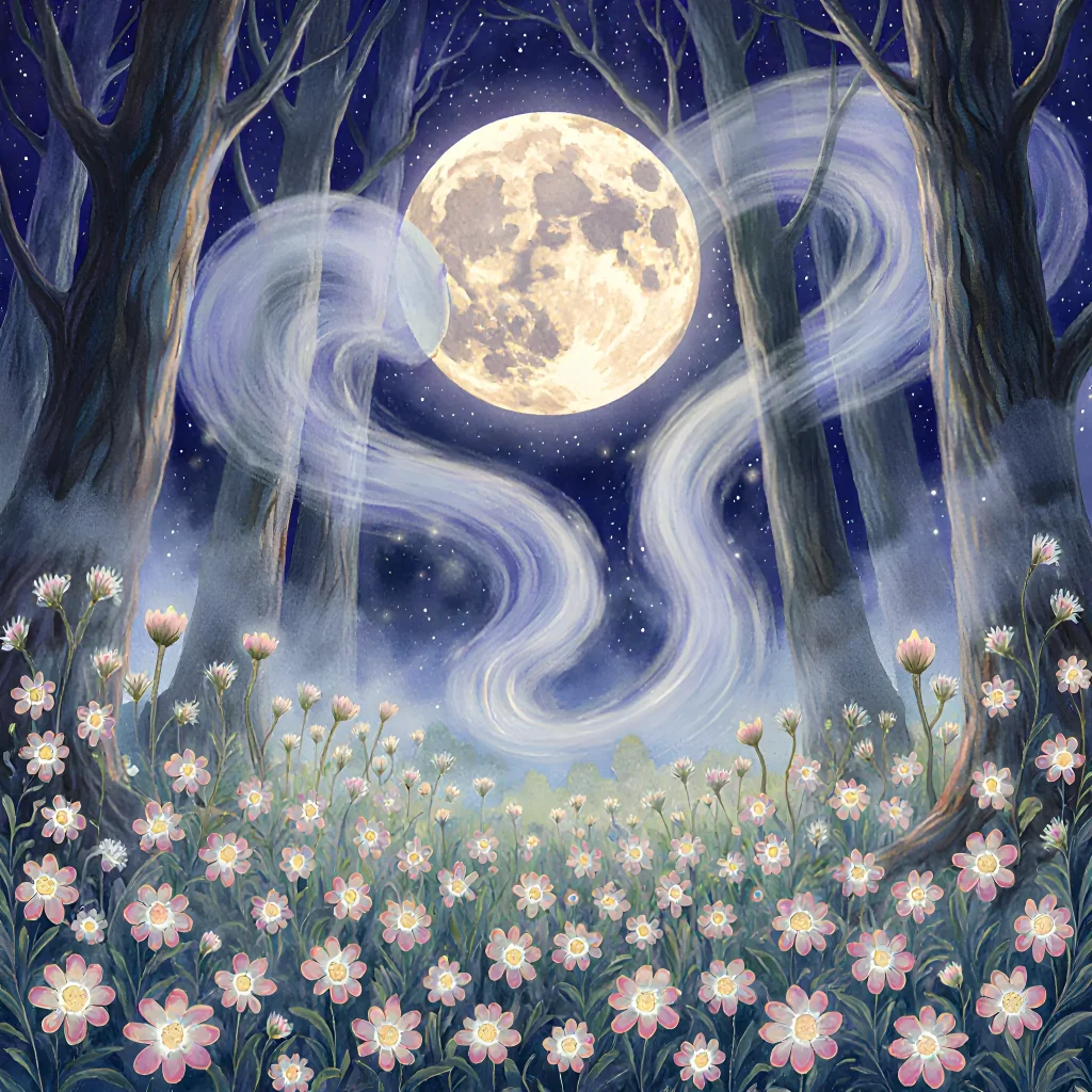 A sleek bottle of Moonbeam Mist perfume with swirling mist, set against a calming pastel backdrop, symbolizing scent-powered confidence for haircare routines.