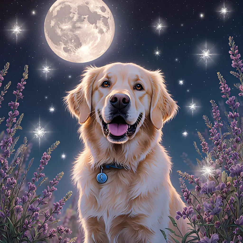 A calm dog lying on a grassy hill under a glowing full moon with soft herbal tea leaves floating around