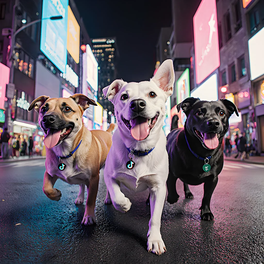 A montage of smiling dogs performing playful tricks for a TikTok audience