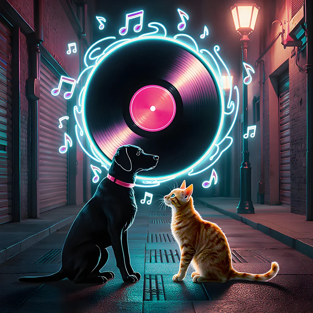 Illustration of a playful dog and cat wearing headphones, surrounded by swirling music notes and a vinyl record in neon lighting