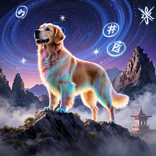 Illustration of a dog wearing an ornate religious collar surrounded by cultural symbols such as prayer beads and temple architecture