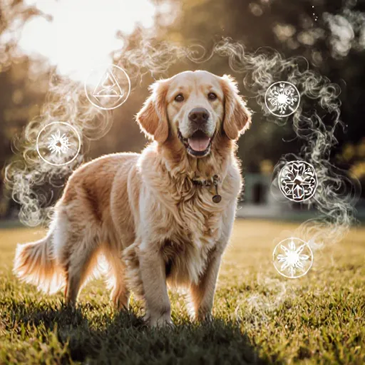 Illustration of a friendly dog with calm expression, surrounded by icons debunking myths about aggression.