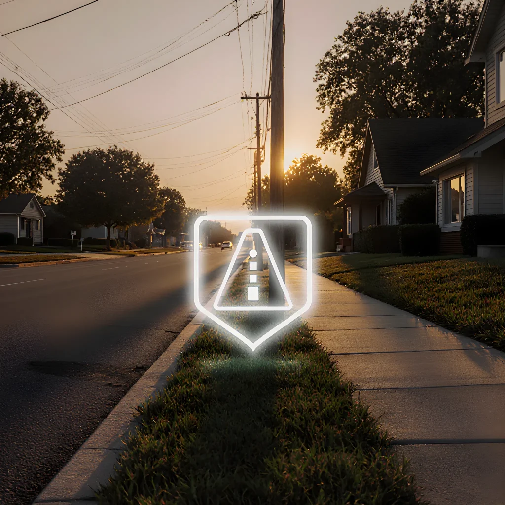 A digital map overlay showing a GPS fence around a home, with an icon of a smiling child and parent for reassurance