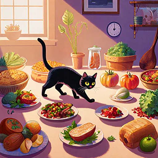 Image of a curious cat sniffing different types of cat food cans on a bright kitchen counter.