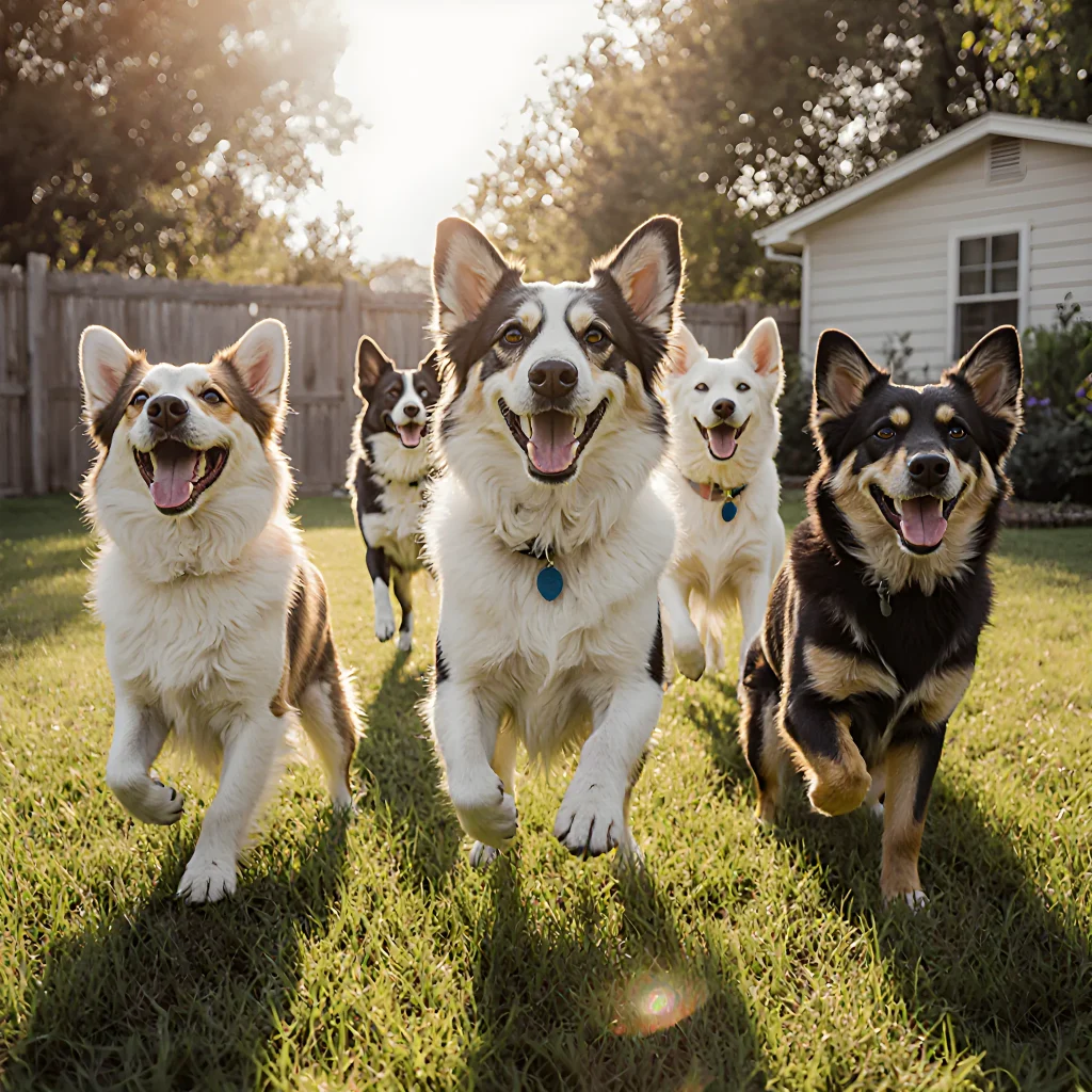 A group of diverse dogs—puppies, terriers, and golden retrievers—smiling happily in a sunny backyard, representing the beloved pets that new owners adore