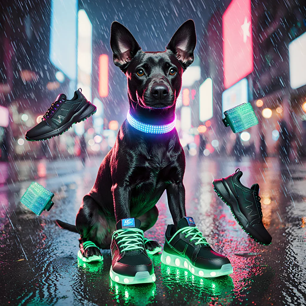 A sleek, futuristic dog wearing a wire‑inspired collar and glowing LED accessory, showcasing cutting‑edge canine fashion