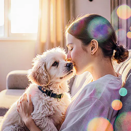 A smiling young dog cuddling a new owner on a cozy living room floor, illustrating the joyful start of a pet ownership journey
