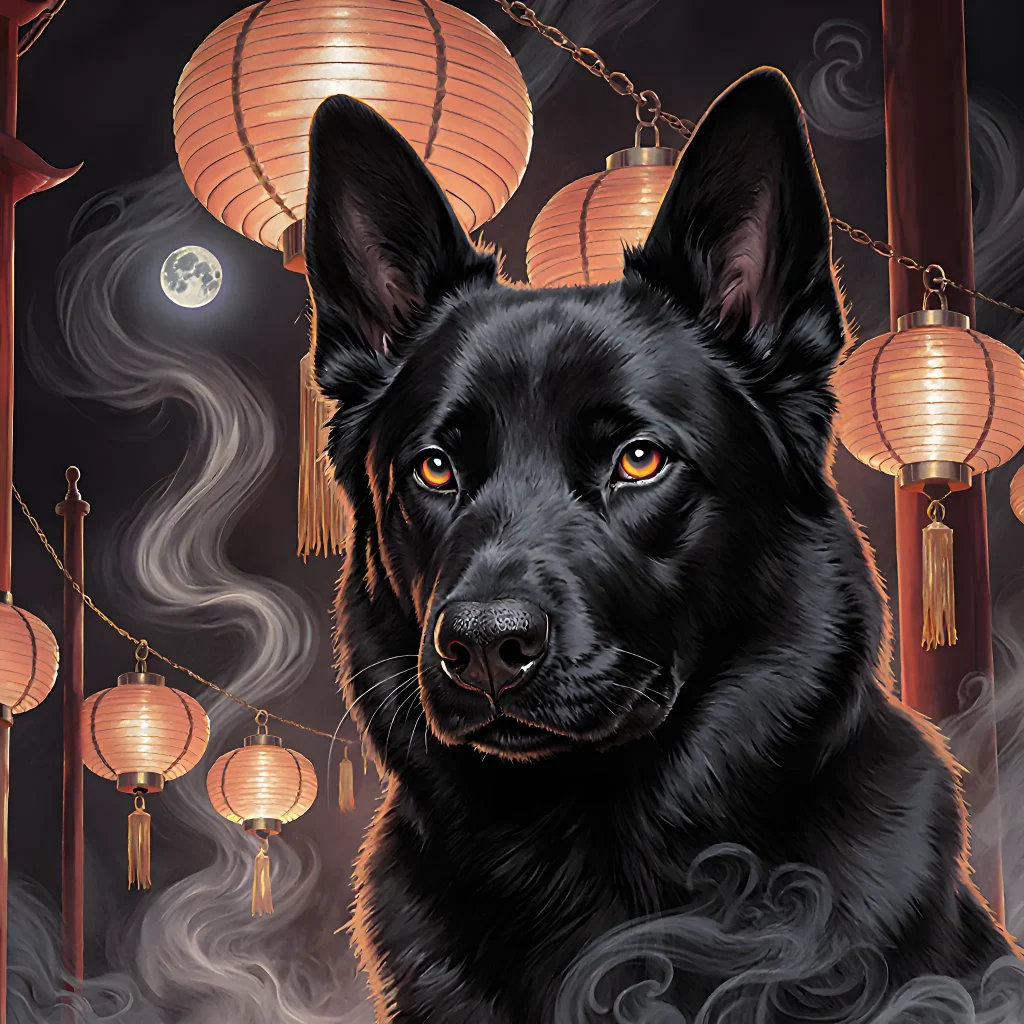 Illustration of a mystical Asian temple with shadowy dogs surrounding ancient stone statues, representing forbidden canine rituals