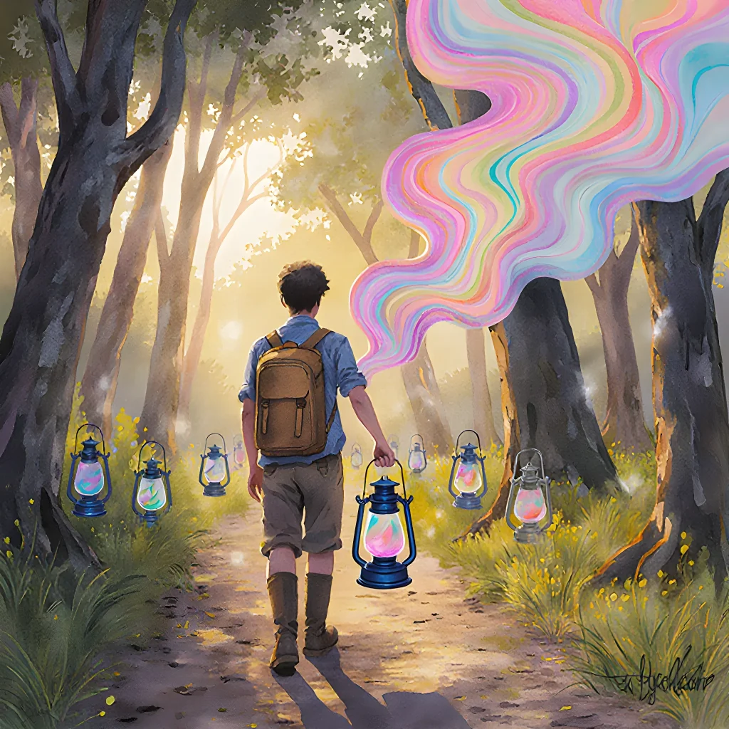Illustration of people exploring scented trails in an enchanted forest, featuring interactive scent stations and adventure maps