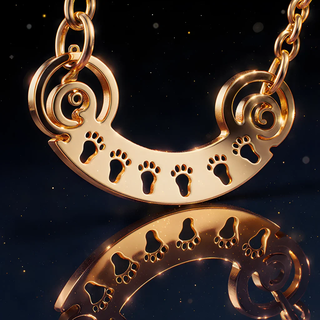 A stylish dog collar from Odyssey Ornaments with intricate patterns symbolizing life's unseen footprints