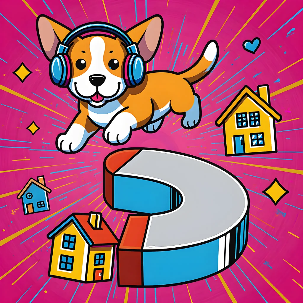 A vibrant photo of a stylish living room with a playful dog wearing headphones, surrounded by colorful vinyl records and musical notes, showcasing an offbeat dog dub concept