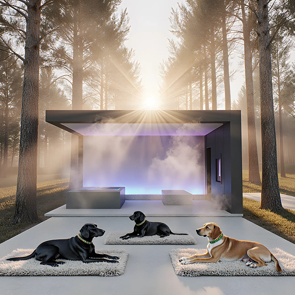 A peaceful dog wellness retreat with cozy sleeping areas, a calm garden, and attentive staff providing soothing care