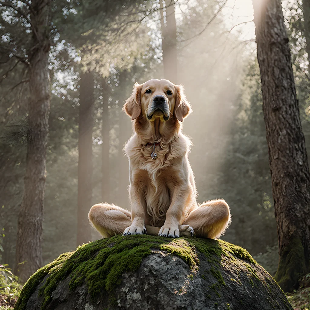 A calm dog lying peacefully on a soft rug while its owner demonstrates gentle, soothing tricks in a serene home setting.