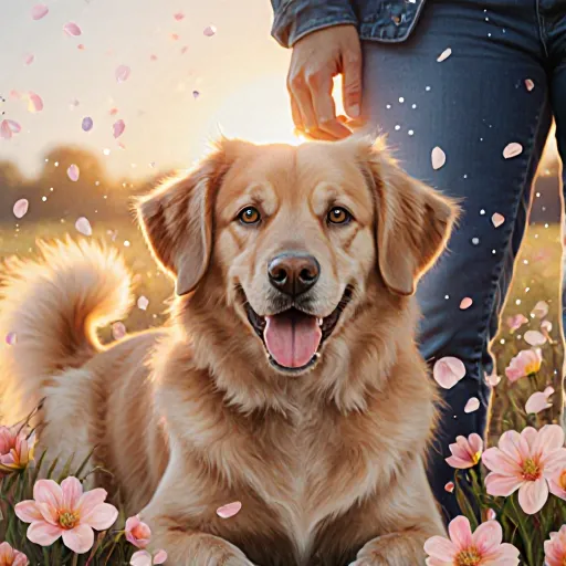 A smiling dog receiving affection from its owner in a cozy living room