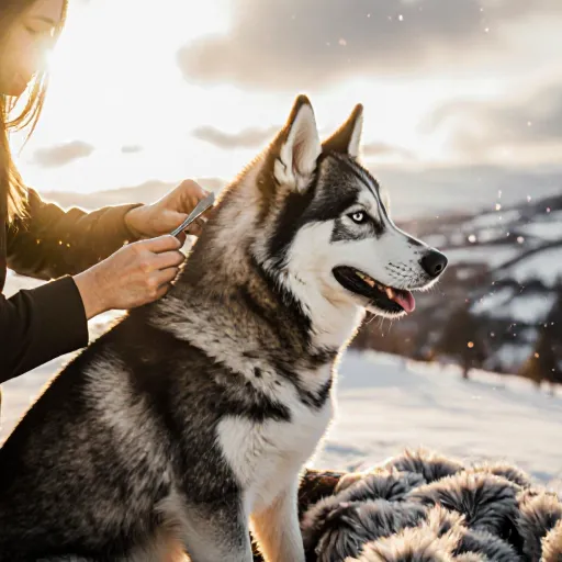 A happy dog wearing a knitted scarf while being groomed in a snow‑covered backyard.