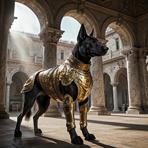 Illustration of historic legendary dogs wearing royal crowns, surrounded by ancient palaces and scrolls
