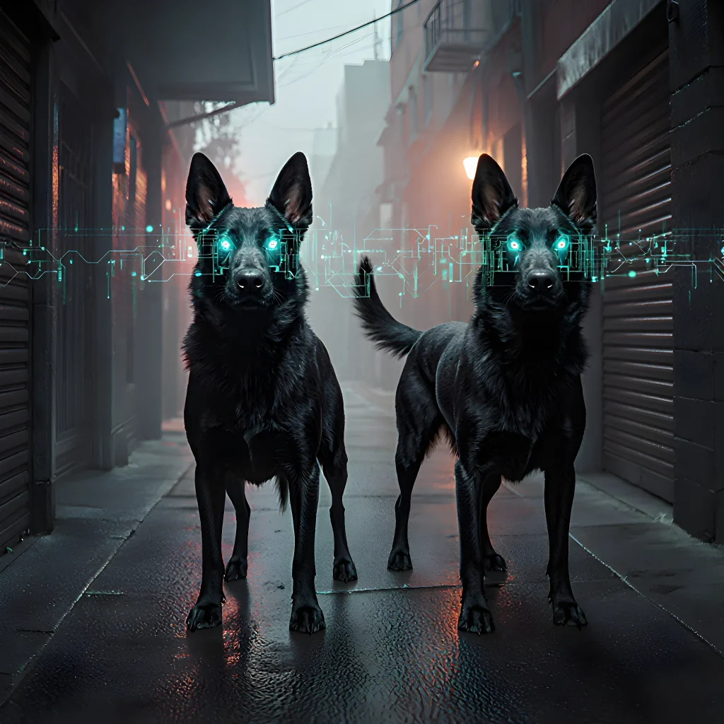 A modern laboratory scene with researchers wearing protective gear and a dog in a harness sniffing near high-tech sensors, illustrating canine disease detection technology.