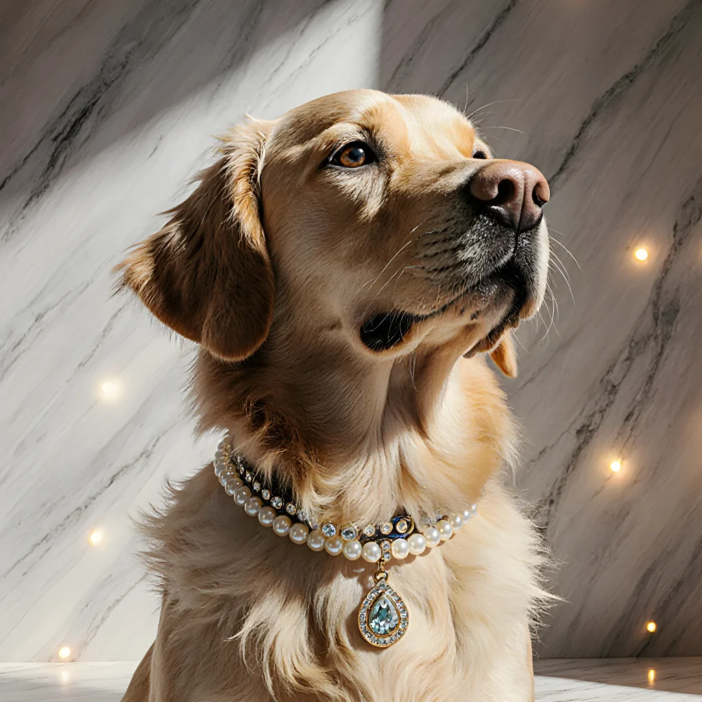 Close-up of a stylish pearl collar worn by a sleek golden retriever, showcasing luxury pet fashion.
