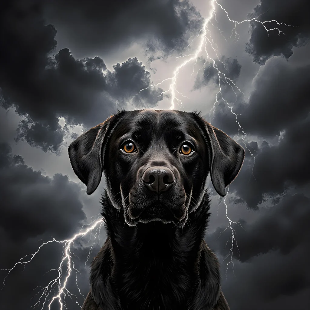 Illustration of a worried dog with swirling dark clouds above its head, symbolizing internal anxiety