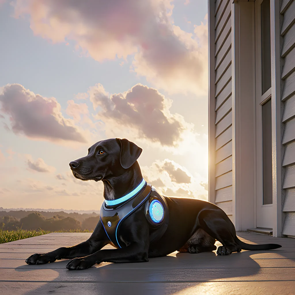 A calm dog lying peacefully beside a sleek gadget emitting soft vibrations, symbolizing tranquility for pet owners