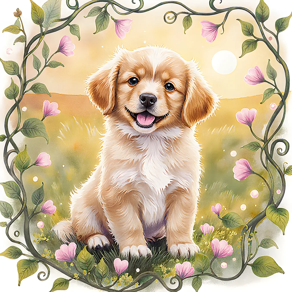 A happy puppy being gently groomed outdoors with a soft brush, surrounded by nature, showcasing natural grooming care