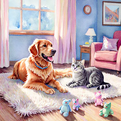 A cozy living room with a dog safely playing on a plush toy while a cat watches nearby, showcasing the best indoor play items for pets