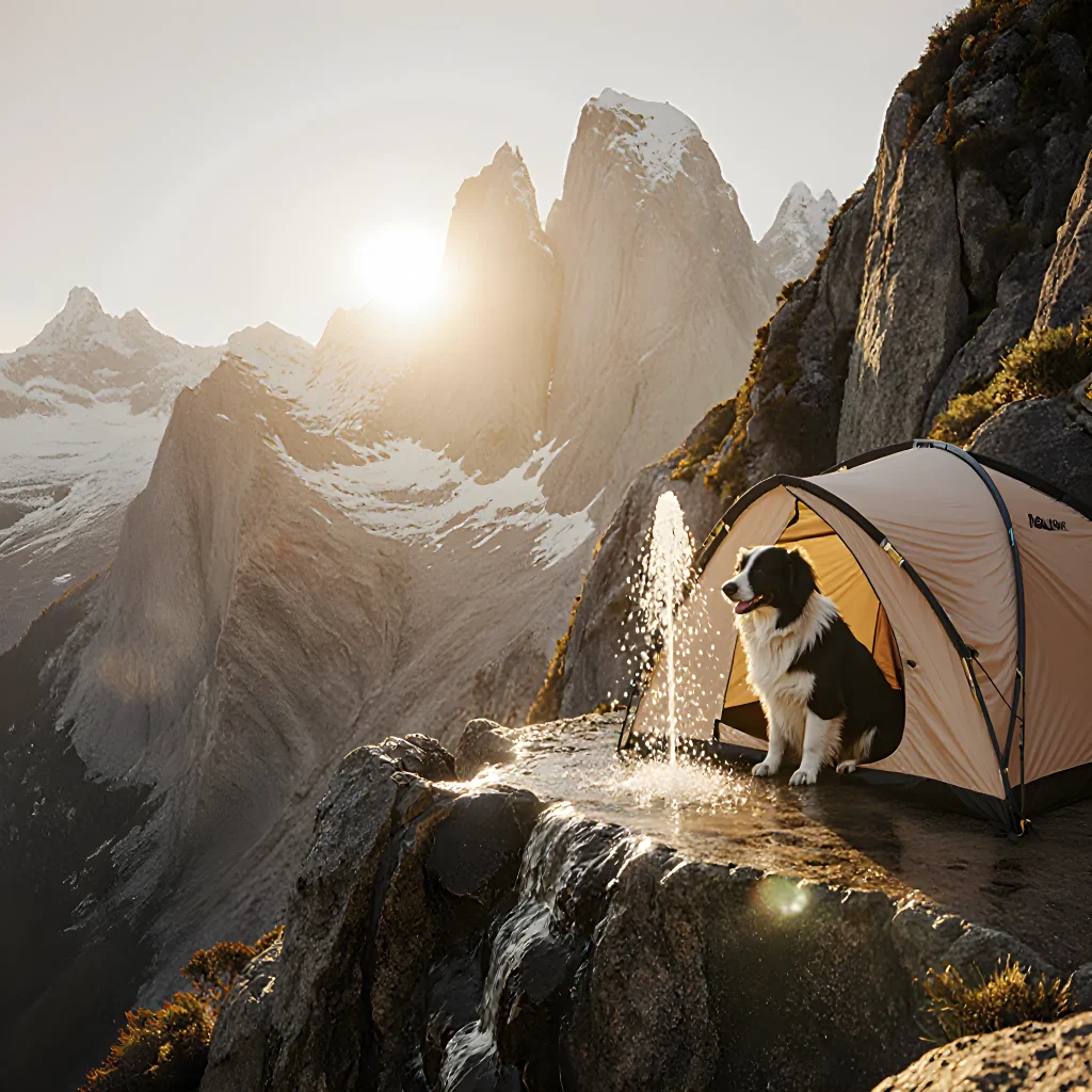 A happy dog enjoying a spa treatment beside a scenic mountain trail