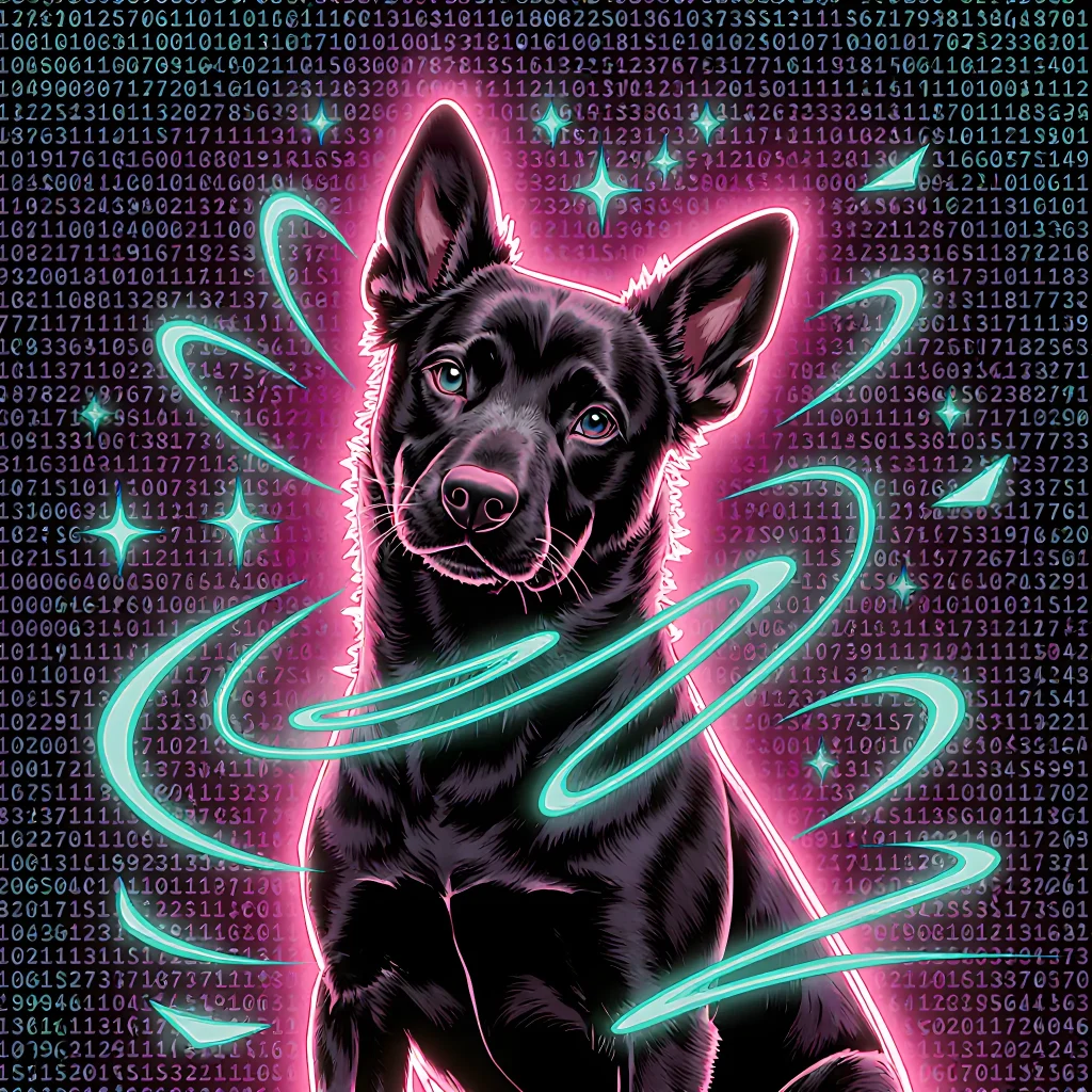 A smiling golden retriever surrounded by floating digital brain icons and code snippets