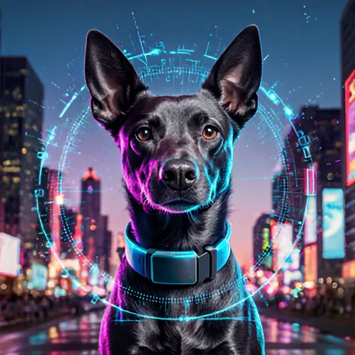 A futuristic dog wearing a sleek sensor collar with glowing LEDs, symbolizing advanced canine technology