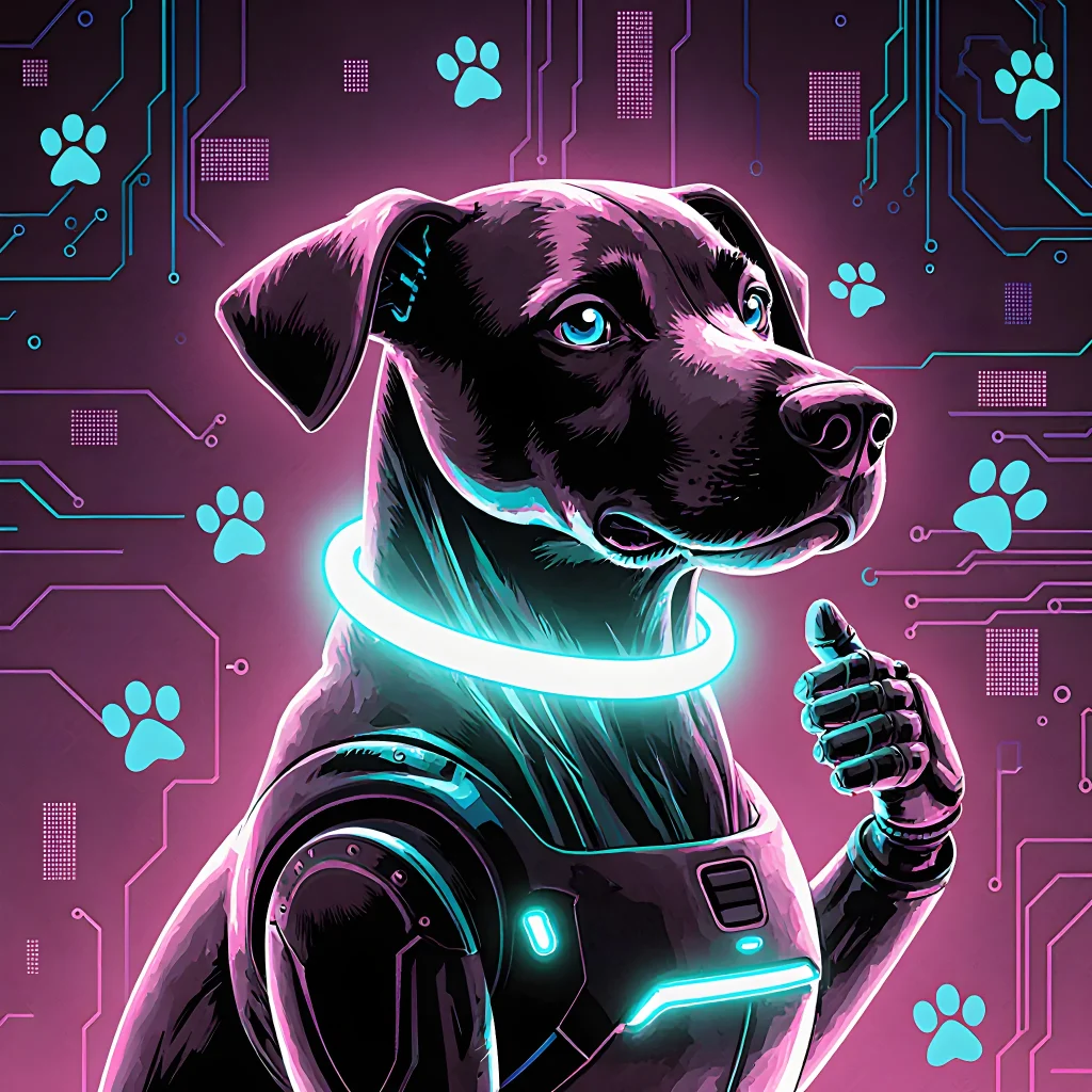 A cheerful dog wearing a custom-built smart collar while its owner holds a tablet displaying the gadget’s settings