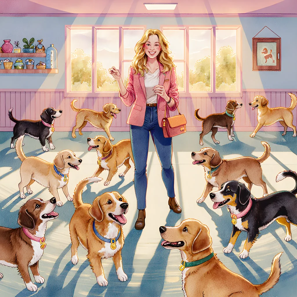 A playful group of dogs running in a sunny daycare park, illustrating the concept of hidden talent development for canine care businesses