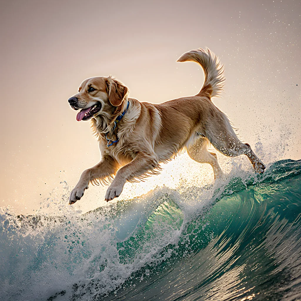A group of enthusiastic dogs riding surfboards on a sunny beach, capturing the spirit of the Great Dog Surf Battle