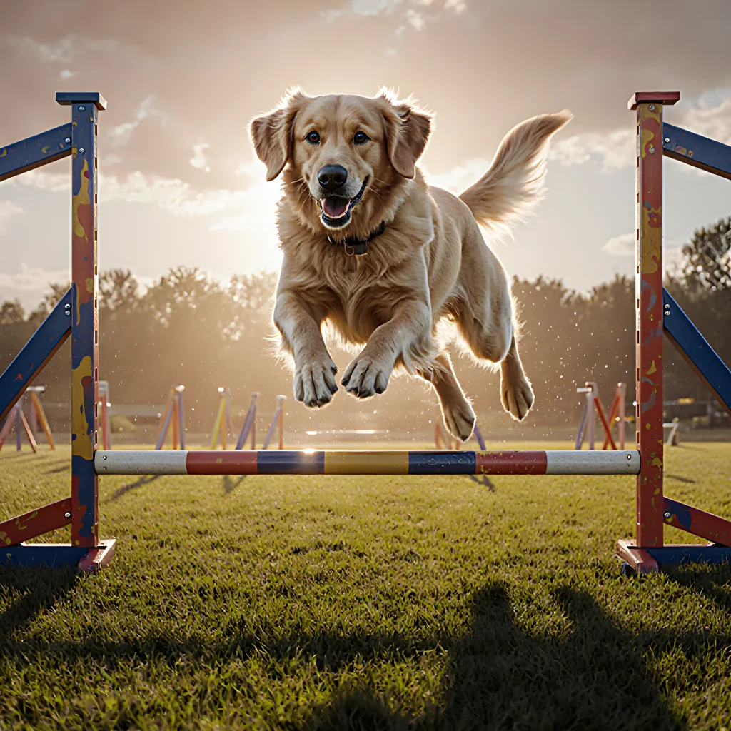 Energetic dog mid‑air jumping over a flyball hurdle on a sunny backyard track