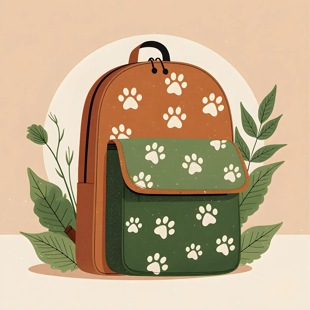 A fashionable dog wearing a sustainable travel backpack and eco-friendly accessories set against a natural landscape