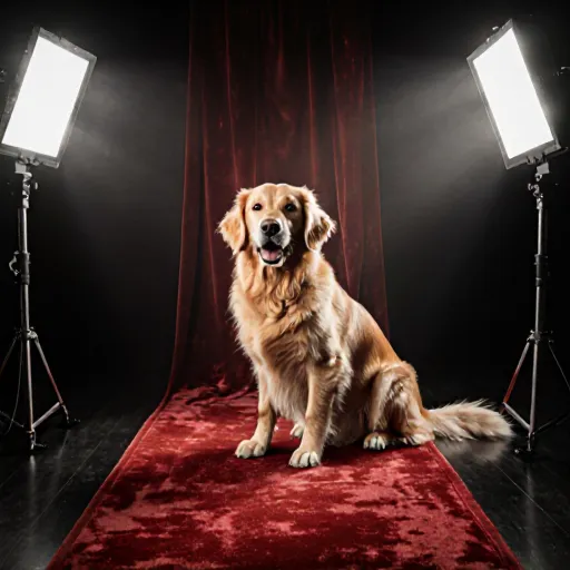 Illustration of a classic movie set featuring a heroic dog in a tuxedo beside a Hollywood marquee