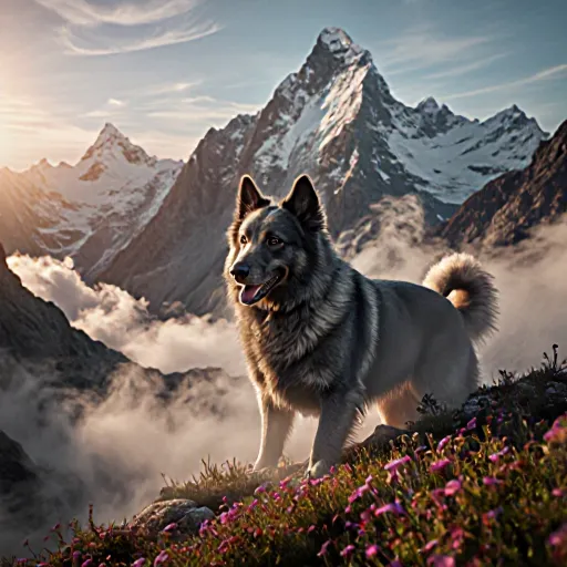 A confident dog with a harness standing atop a snowy mountain peak, looking out over a breathtaking alpine landscape