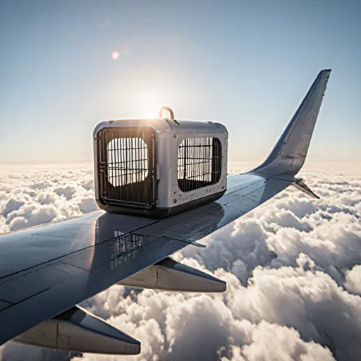 A sleek, airline-approved pet crate on a flight seat with a happy dog peeking out