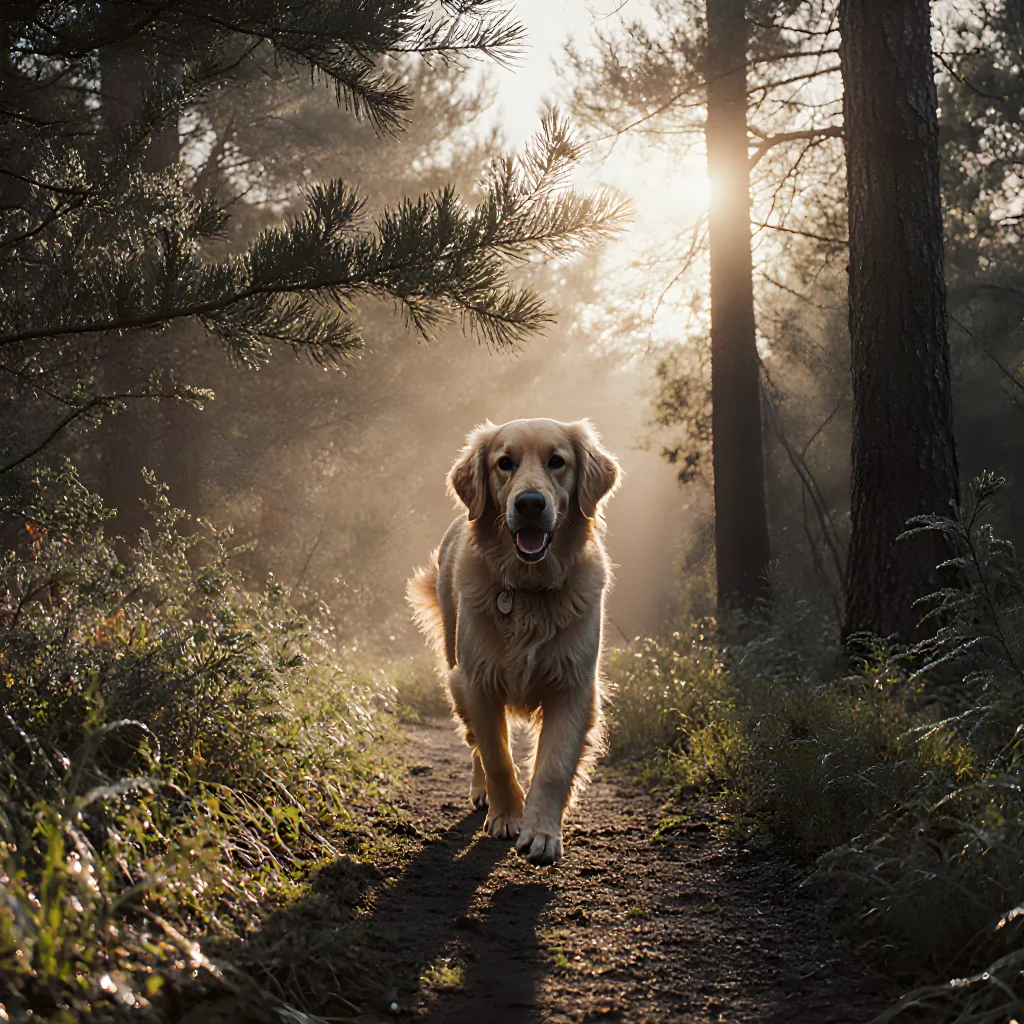 A smiling golden retriever wearing a hiking vest standing beside a tent on a forest trail