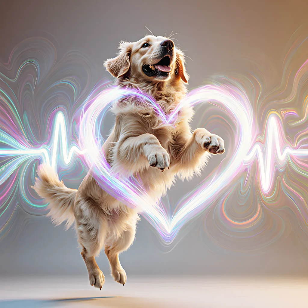 A happy dog mid‑jump with a bright sunrise backdrop, symbolizing energetic play and vitality
