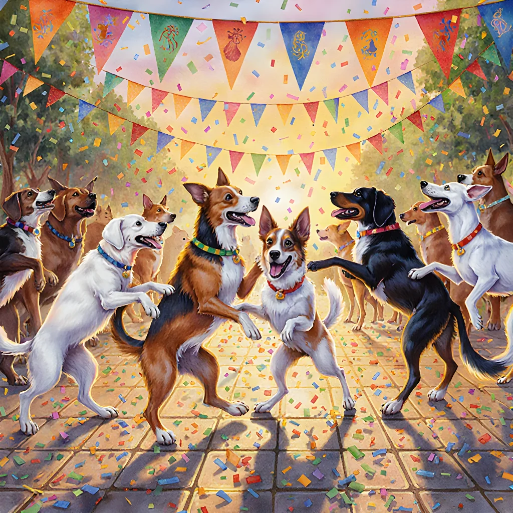 A vibrant street scene of dogs and people enjoying an international dog festival with colorful flags, stalls, and joyful interactions