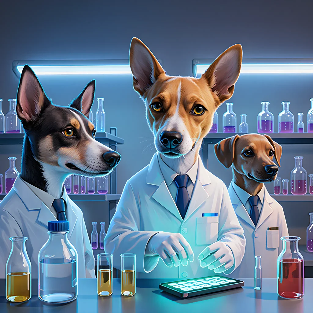 A veterinarian in a modern laboratory mixing pet medicine, surrounded by scientific equipment and a playful dog watching the process