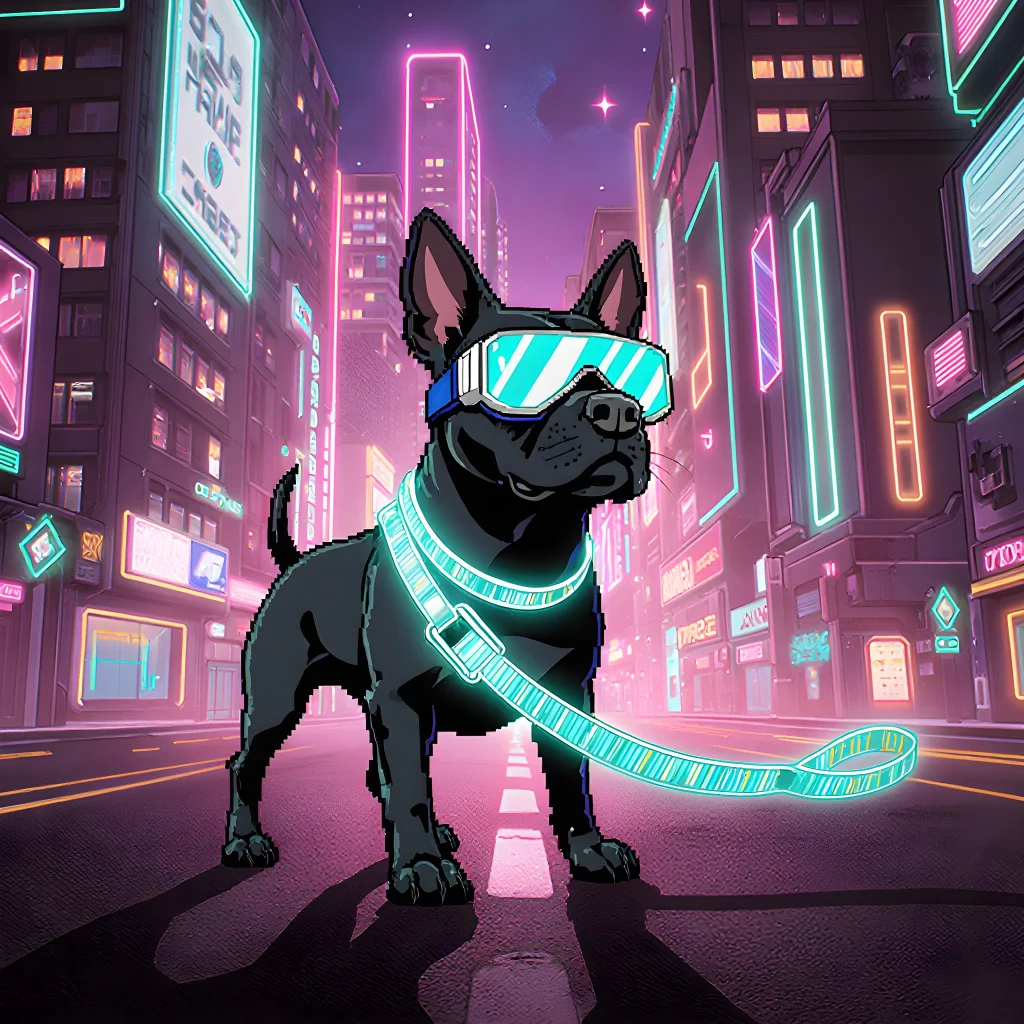A sleek, futuristic dog wearing a smart collar and surrounded by holographic displays, showcasing advanced technology for tech lovers.