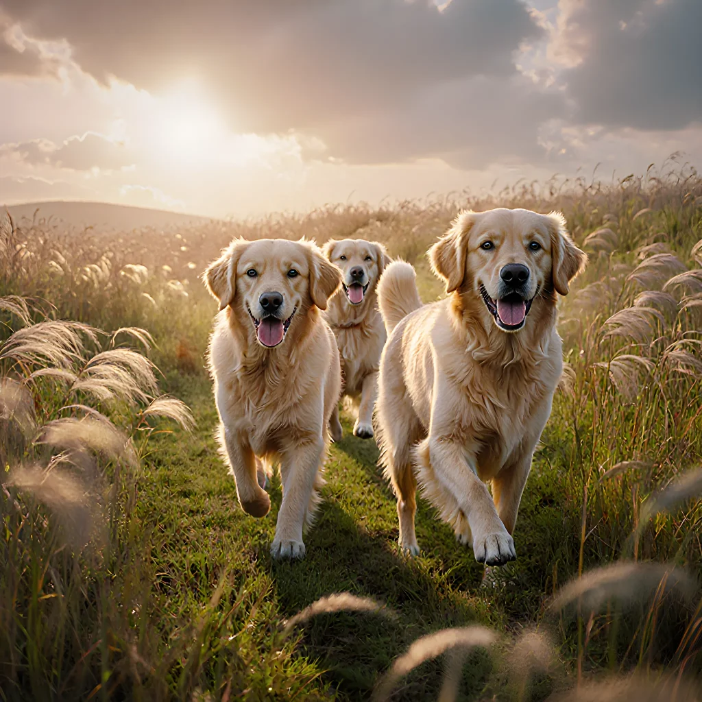 A group of cheerful dogs walking together through a lush green forest trail, reflecting eco-friendly travel