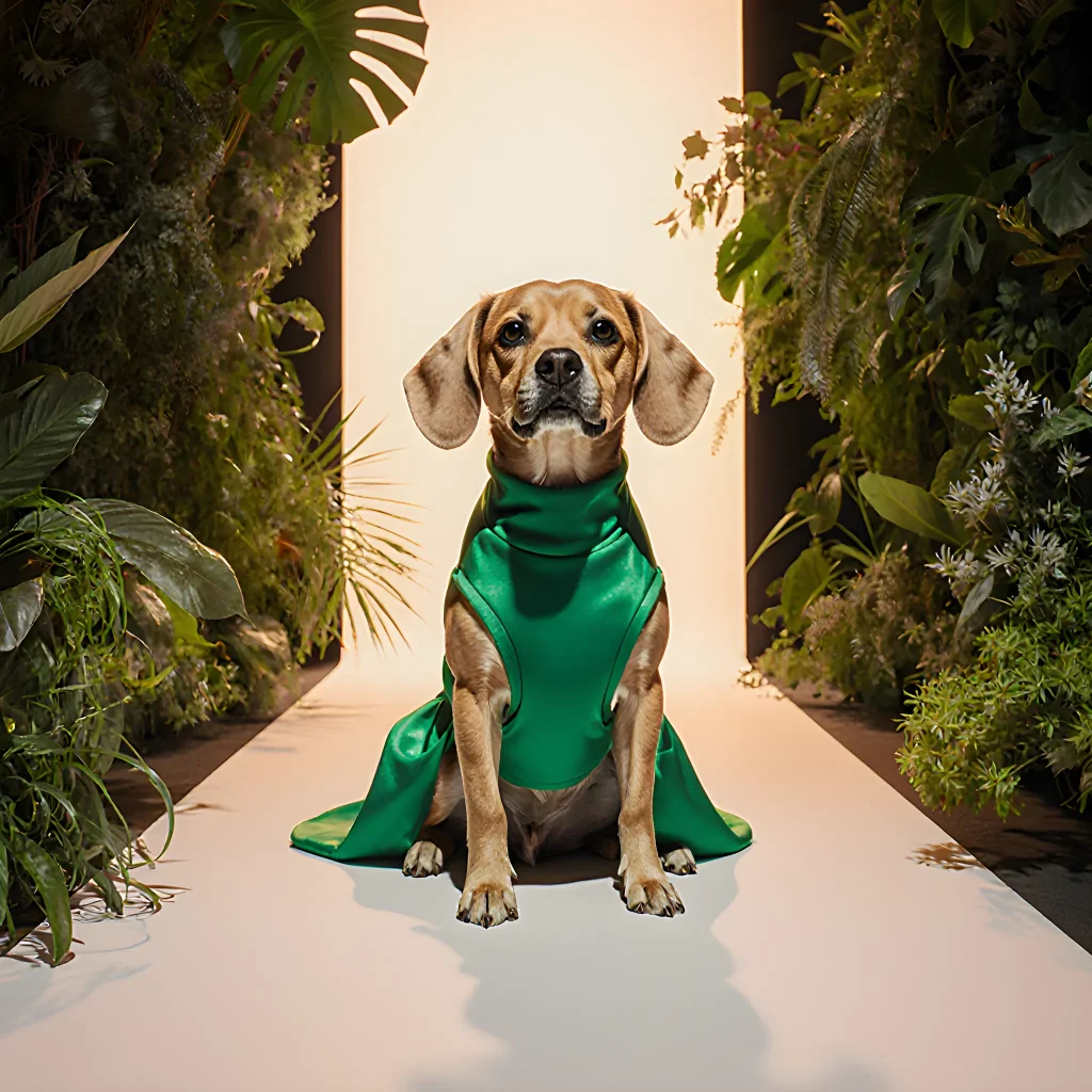 A sleek, green‑themed dog wearing an elegant eco‑fashion outfit against a lush forest backdrop