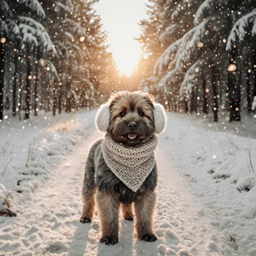 A smiling dog wearing a stylish, insulated jacket on a snowy trail