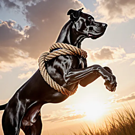 A sturdy, thick rope in a bright color lying beside a relaxed Great Dane sitting on grass